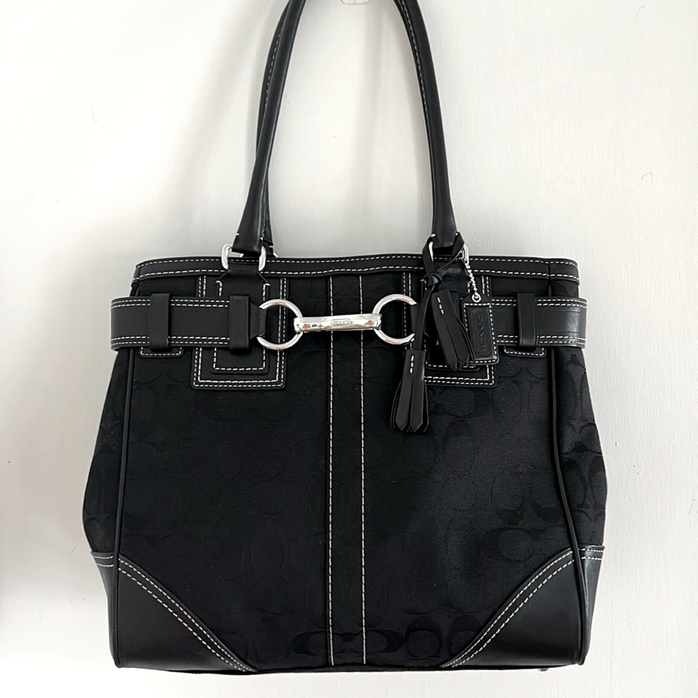 Coach Black Signature Hampton Black Leather/Canvas Belted Bag and COA